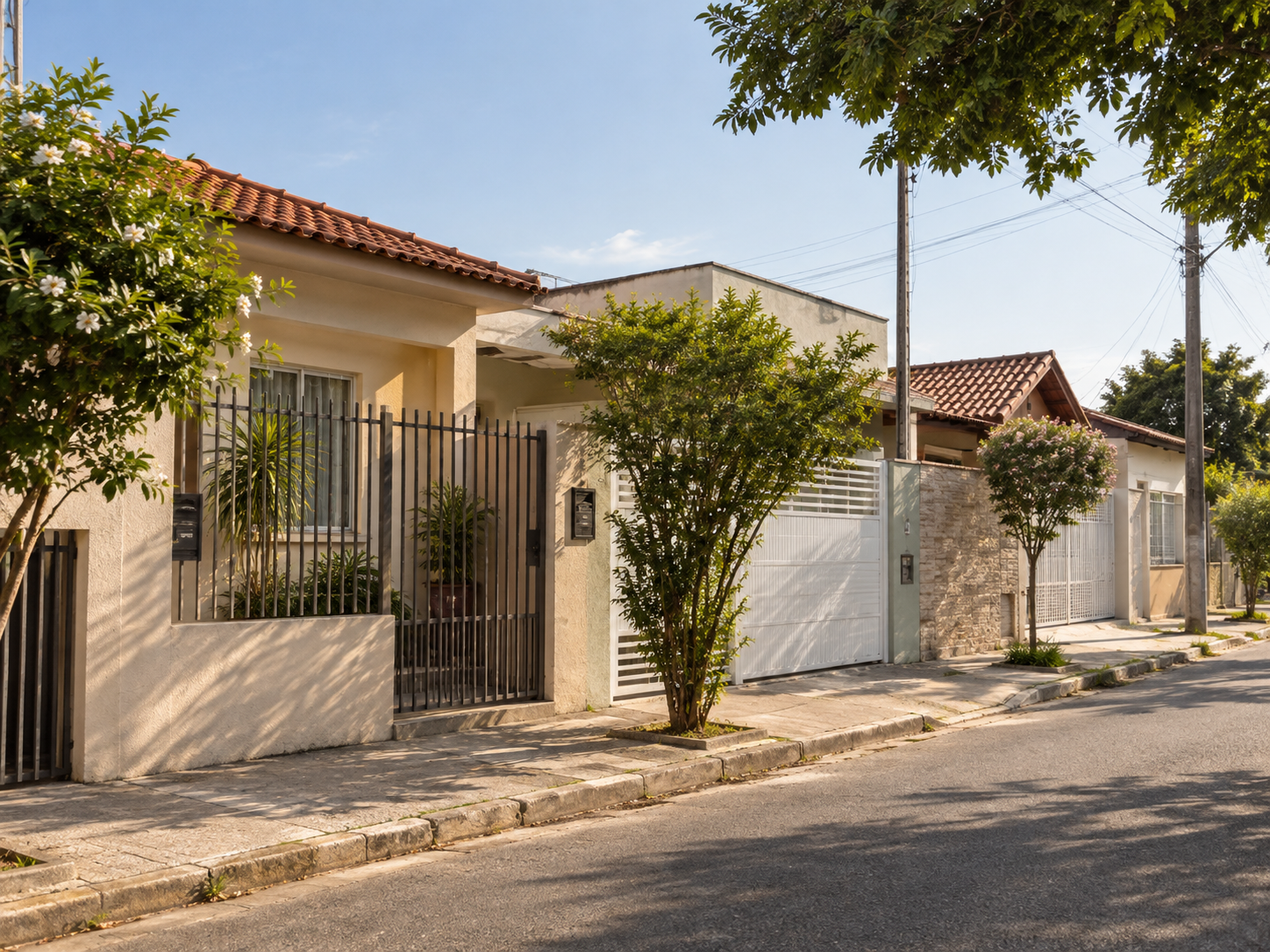 Rua residencial com casas simples e realistas