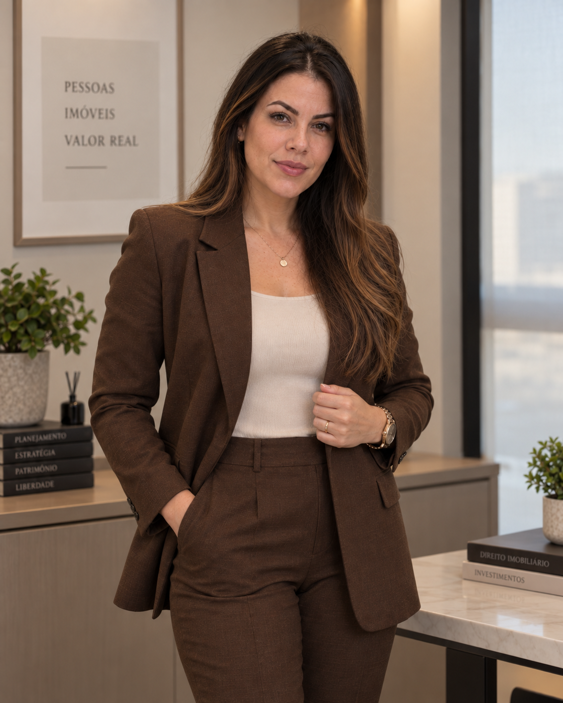 Consultora da Valore em pé, em ambiente profissional